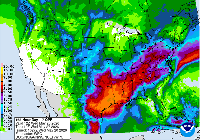 National weather map from NOAA showing forecast precipitation totals across the United States for May 20&ndash;27, 2026, with the heaviest rainfall expected from Texas through the southeastern and mid-Atlantic states.